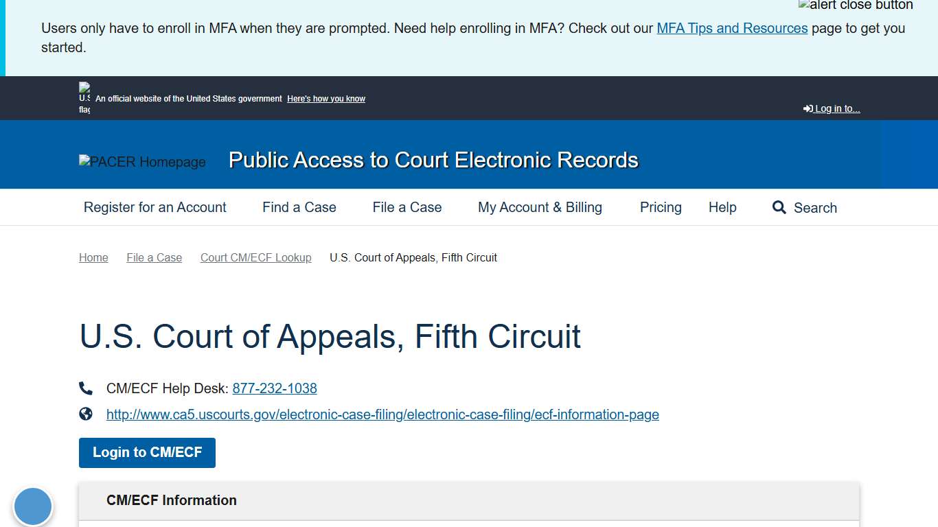 U.S. Court of Appeals, Fifth Circuit PACER: Federal Court Records