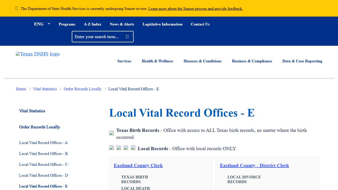 Local Vital Record Offices - E Texas DSHS